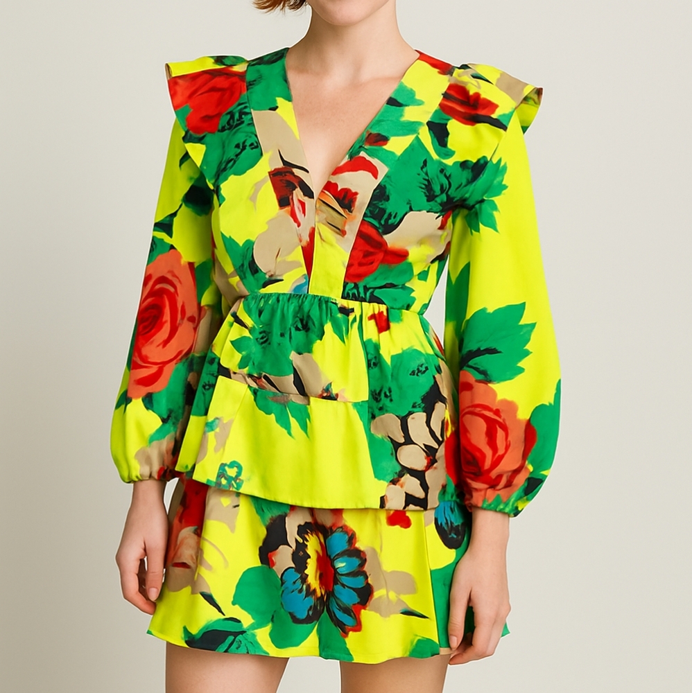 Floral V-Neck Ruffle Mini Dress